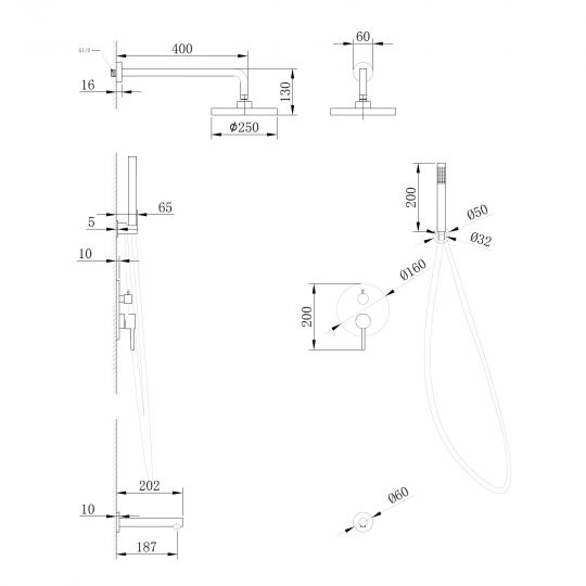Душевая система ABBER Emotion AF8817B скрытого монтажа с изливом, черная матовая схема 2