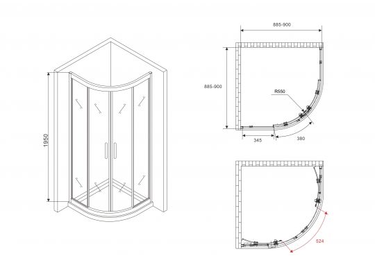 Душевой уголок ABBER Schwarzer Diamant AG01090M 90х90 см схема 2