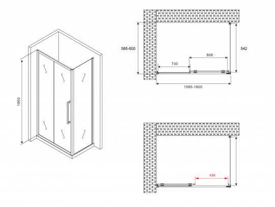 Душевой уголок ABBER Schwarzer Diamant AG30160BH-S60B 160х60 см схема 2 Душевой уголок ABBER Schwarzer Diamant AG30160BH-S60B 160х60 см схема 2