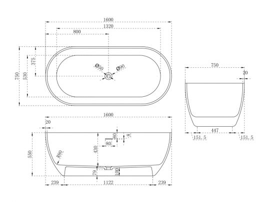 Ванна из искусственного камня ABBER Stein AS9613-1.6 белая матовая схема 2 Ванна из искусственного камня ABBER Stein AS9613-1.6 белая матовая схема 2