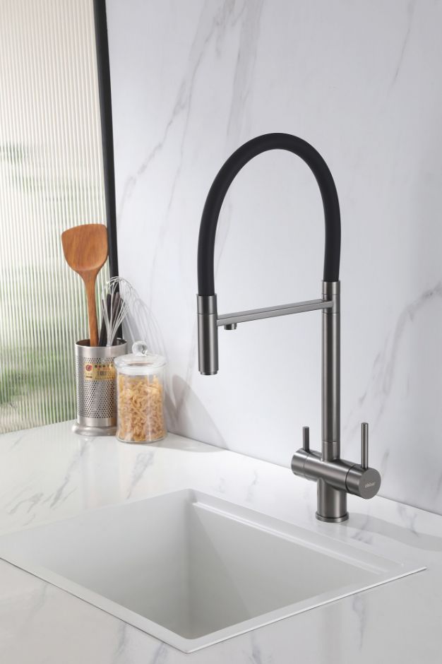 Смеситель ABBER Wasser Kreis AF81141NG для кухни с подключением фильтра и выдвижной лейкой, никель ФОТО