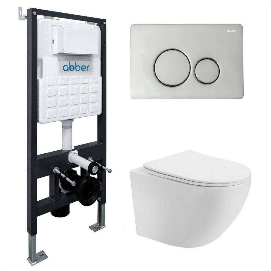 Изображение Комплект подвесной унитаз ABBER Bequem AC1100T белый с инсталляцией AC0105 и кнопкой AC0121 хром