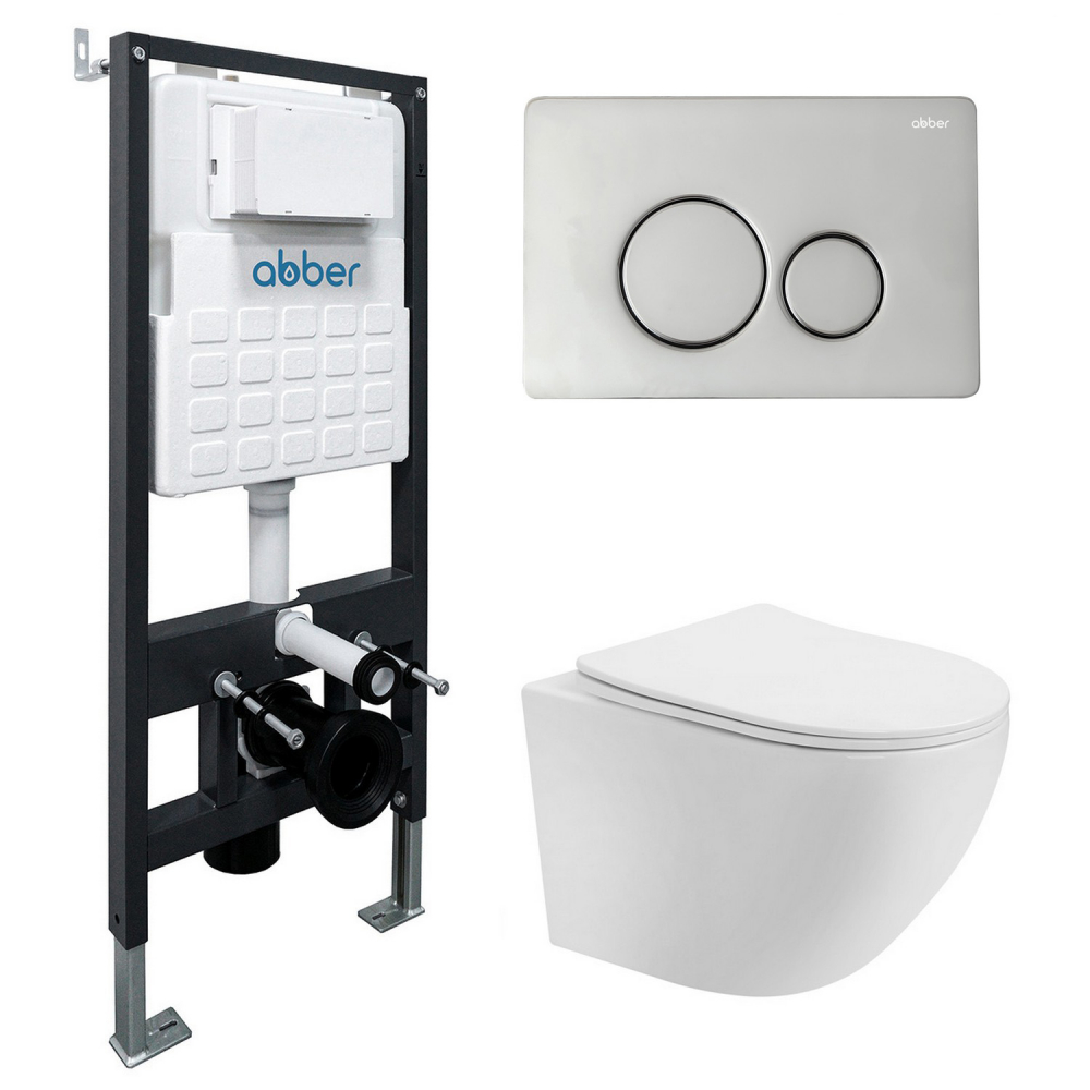 Комплект подвесной унитаз ABBER Bequem AC1100T белый с инсталляцией AC0105 и кнопкой AC0121 хром цена от 30 983 ₽ Фото Комплект подвесной унитаз ABBER Bequem AC1100T белый с инсталляцией AC0105 и кнопкой AC0121 хром