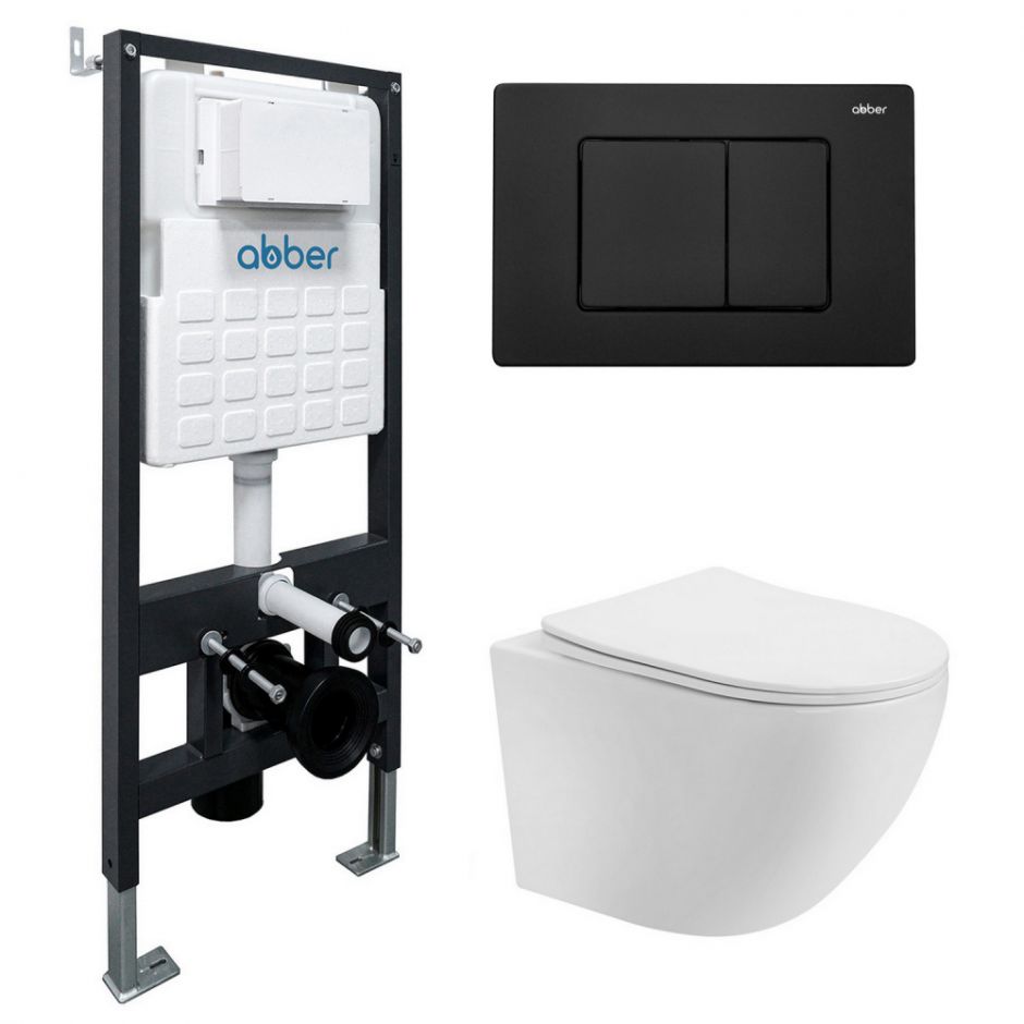 Комплект подвесной унитаз ABBER Bequem AC1100T белый с инсталляцией AC0105 и кнопкой AC0120MB черный матовый