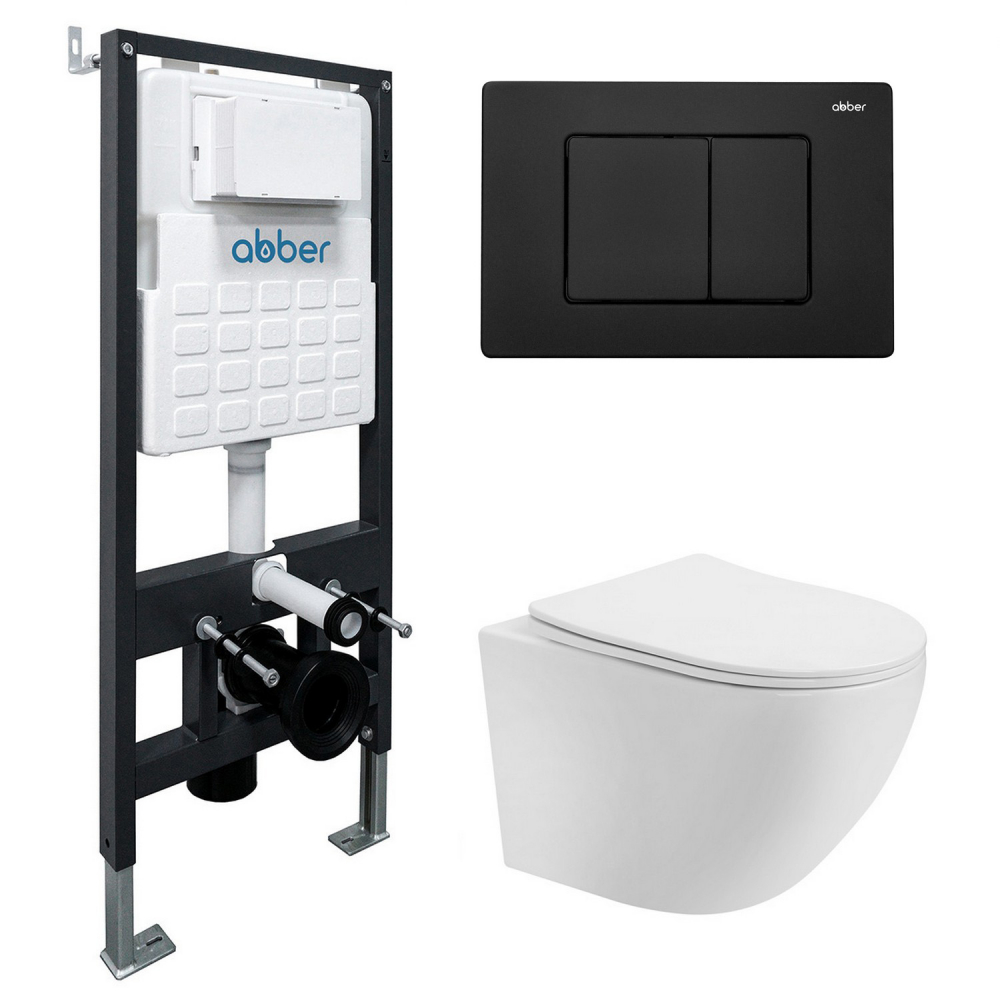 Комплект подвесной унитаз ABBER Bequem AC1100T белый с инсталляцией AC0105 и кнопкой AC0120MB черный матовый цена от 32 130 ₽ Фото Комплект подвесной унитаз ABBER Bequem AC1100T белый с инсталляцией AC0105 и кнопкой AC0120MB черный матовый