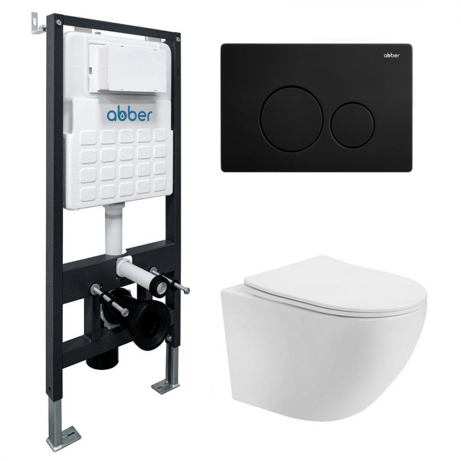 Комплект подвесной унитаз ABBER Bequem AC1100T белый с инсталляцией AC0105 и кнопкой AC0121MB черный матовый
