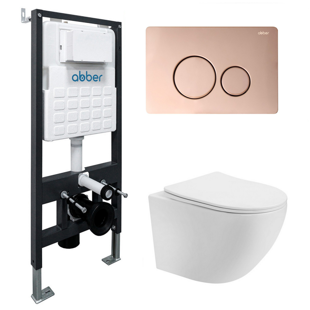 Комплект подвесной унитаз ABBER Bequem AC1100T белый с инсталляцией AC0105 и кнопкой AC0121RG золото розовое цена от 34 043 ₽ Фото Комплект подвесной унитаз ABBER Bequem AC1100T белый с инсталляцией AC0105 и кнопкой AC0121RG золото розовое