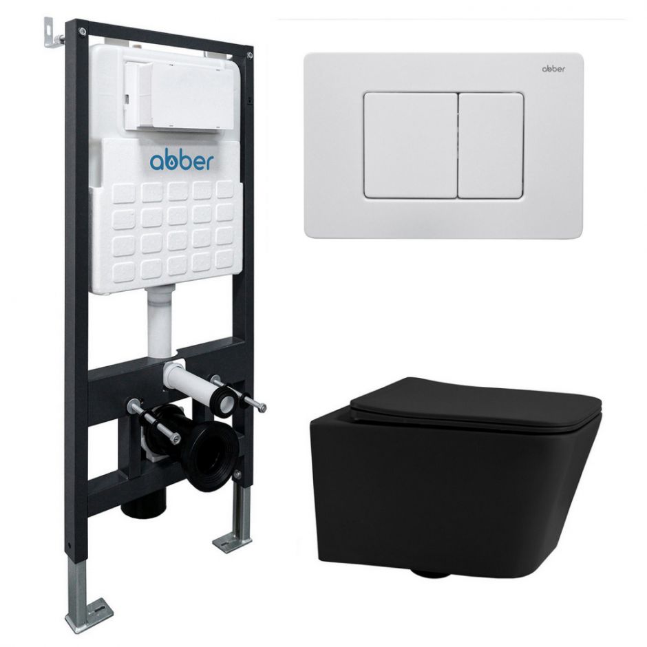 Комплект подвесной унитаз ABBER Rechteck AC1201MB черный матовый с инсталляцией AC0105 и кнопкой AC0120MW белая матовая