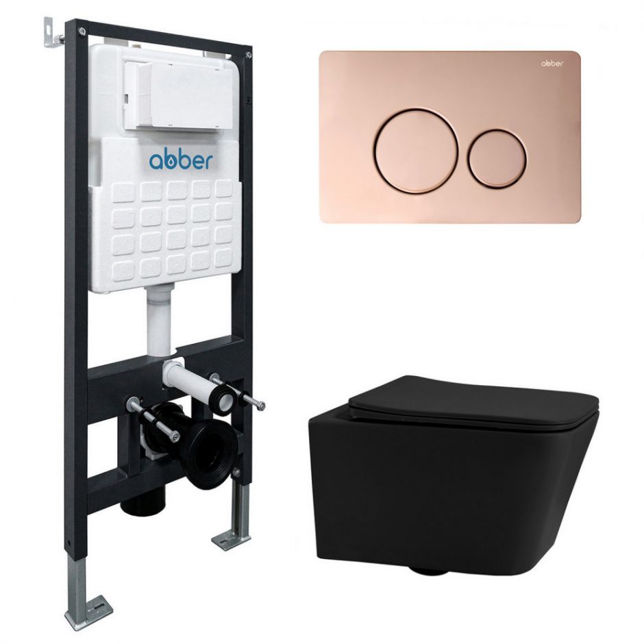 Изображение Комплект подвесной унитаз ABBER Rechteck AC1201MB черный матовый с инсталляцией AC0105 и кнопкой AC0121RG золото розовое