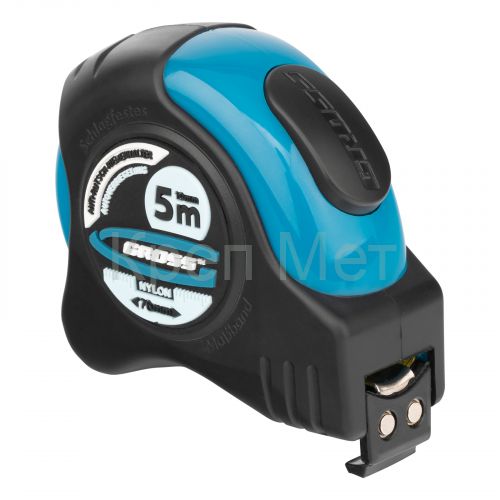 Рулетка "Schlagfest",5 м x 19 мм,магнитный обрезиненный зацеп,двусторонняя шкала,Нейлоновое покрытие,автоматическая фиксация Gross