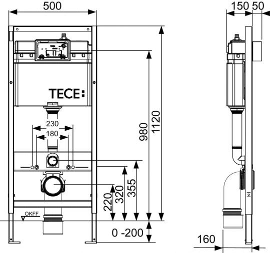 Инсталляция (монтажная рама) для подвесного унитаза Tece Base K440407 с кнопкой смыва схема 5