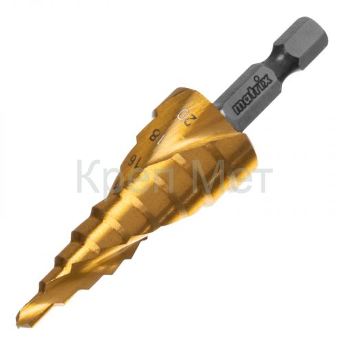 Сверло ступенчатое, 4-6-8-10-12-14-16-18-20 мм, HSS, спиральный профиль, шестигранный хвостовик Matrix