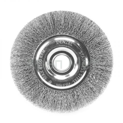 Щетка для УШМ, 150 мм, "Плоская", витая нержавеющая проволока 0.3 мм, посадка 22.2 мм Denzel