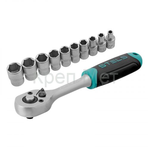 Набор торцевых головок, 1/4", головки 4 - 13 мм, с трещот. ключом, CrV,11 предметов Stels