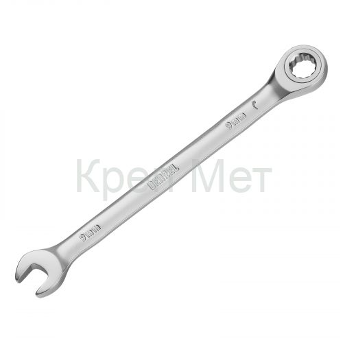 Ключ комбинированный трещоточный, 9 мм, CrV, матовый хром Denzel