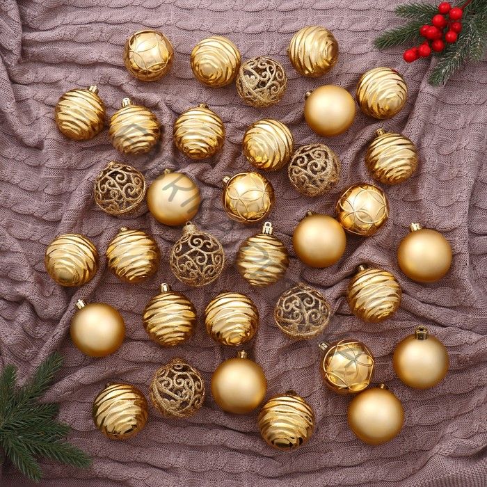 Ёлочные игрушки «Николь узоры», шары новогодние, d=6 см, набор 34 шт., золото
