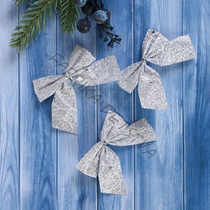 Ёлочные игрушки 6 шт. «Зимнее волшебство. Бант серебристый» пластик, 6x6.5 см