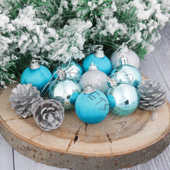 Ёлочные игрушки «Домик», шары новогодние, набор 12 шт. (9 шаров,3 шишки), серебристый/голубой