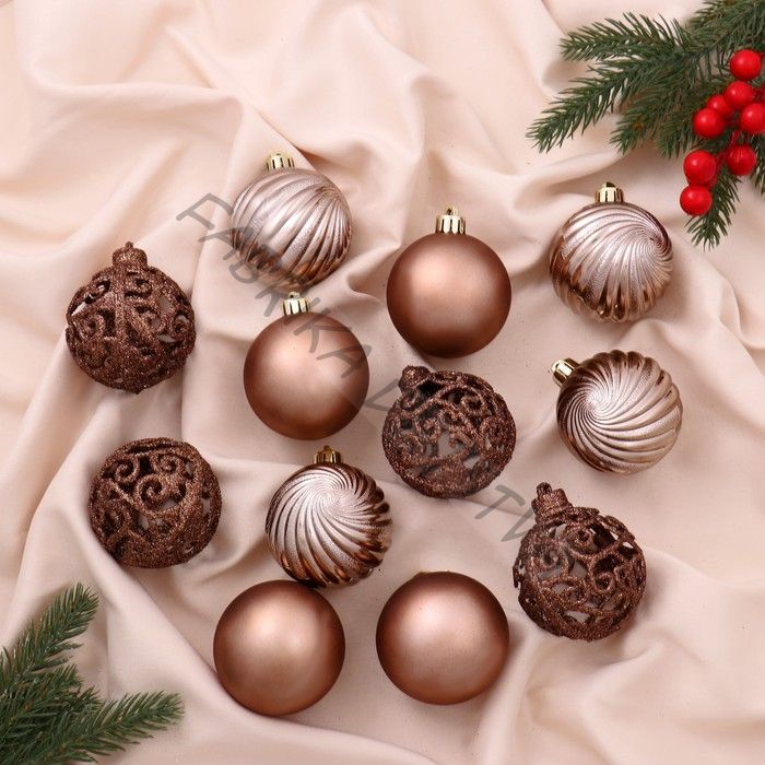 Ёлочные игрушки «Николь узоры», шары новогодние, d=6 см, набор 12 шт., коричневый
