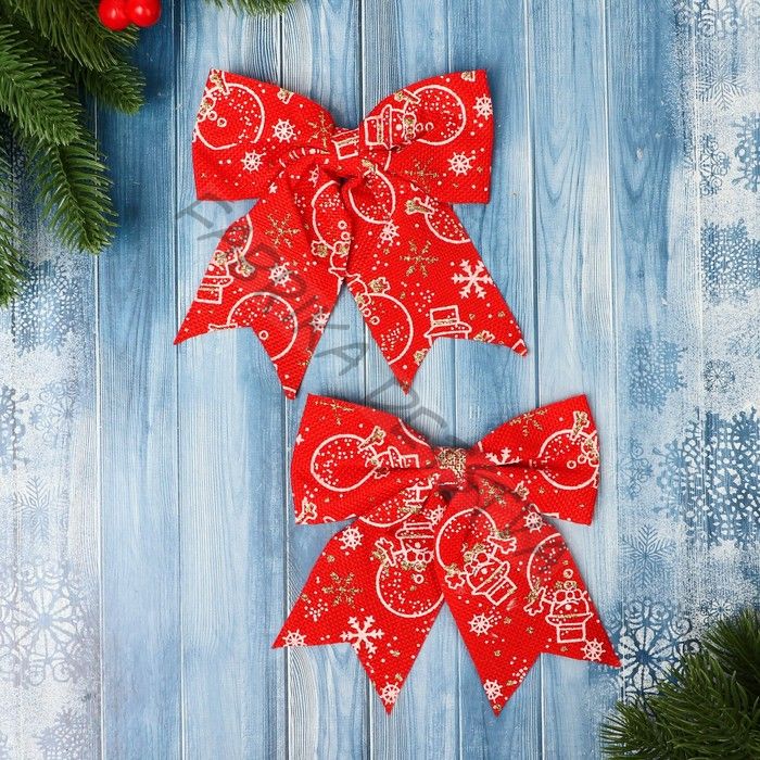 Ёлочные игрушки 2 шт. «Зимнее волшебство. Бант классика Снеговик» пластик, 15x13 см, красный