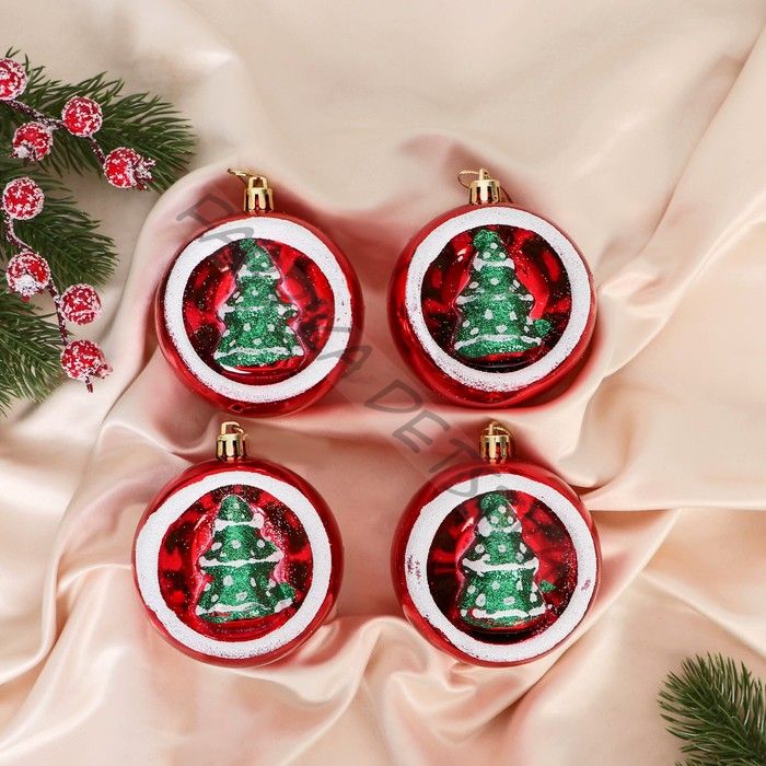 Ёлочные игрушки «Сказочный лес», шары новогодние, 6x7 см, набор 4 шт., красно-зелёный