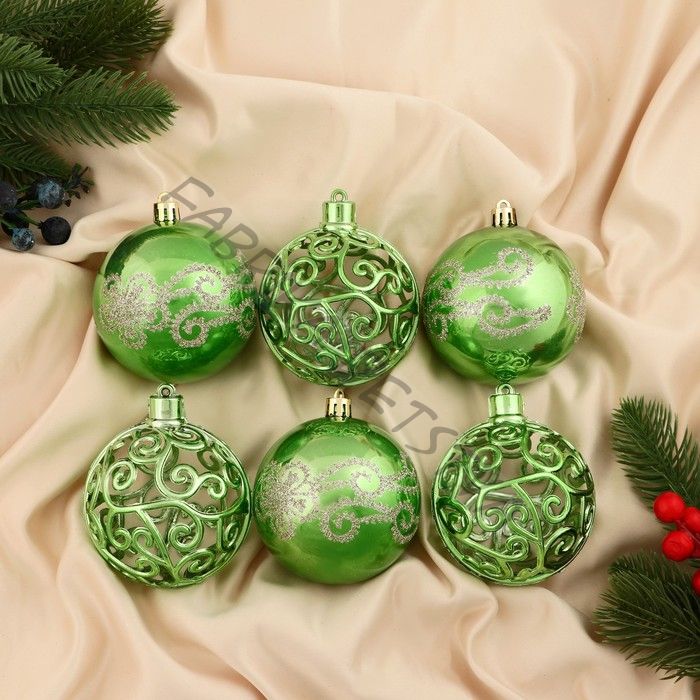 Ёлочные игрушки «Эстер», шары новогодние, набор d=8 см, 6 шт., узор, зелёный
