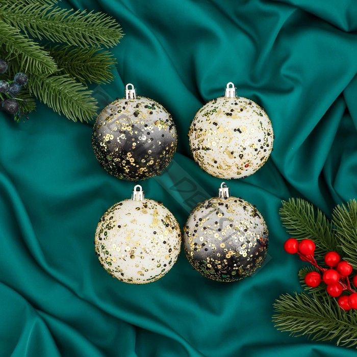 Ёлочные игрушки «Мюриель» блеск, шары новогодние, d=8 см, набор 4 шт., чёрный/белый