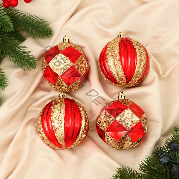 Ёлочные игрушки «Праздничный блеск», d=8 см, набор 4 шт., красно-золотой