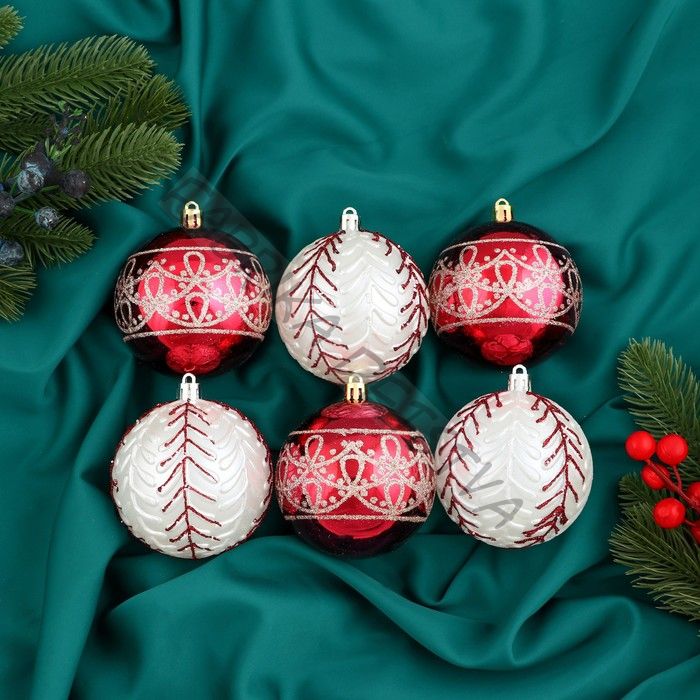 Ёлочные игрушки «Ночка» орнамент, шары новогодние, d=8 см, набор 6 шт., красный/белый