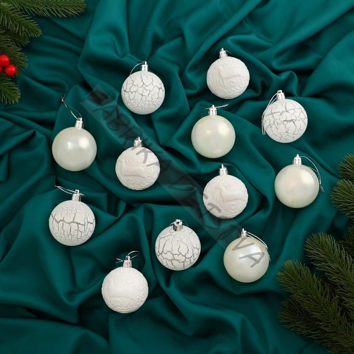 Ёлочные игрушки «Мелодия», шары новогодние, d=6 см, 12 шт., узор треск, белый