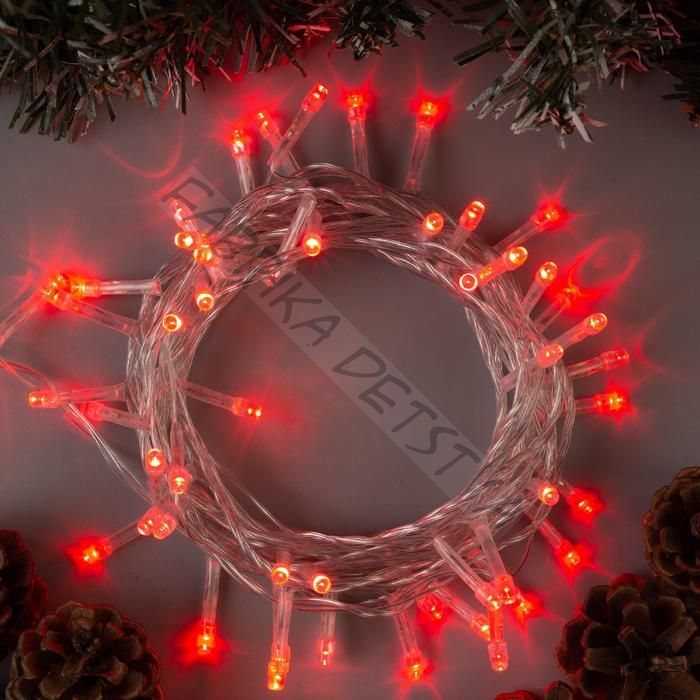 Гирлянда «Нить» 5 м, IP20, прозрачная нить, 50 LED, 8 режимов, 220 В, свечение красное
