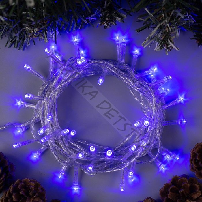 Гирлянда «Нить» 5 м, IP20, прозрачная нить, 50 LED, 8 режимов, 220 В, свечение синее