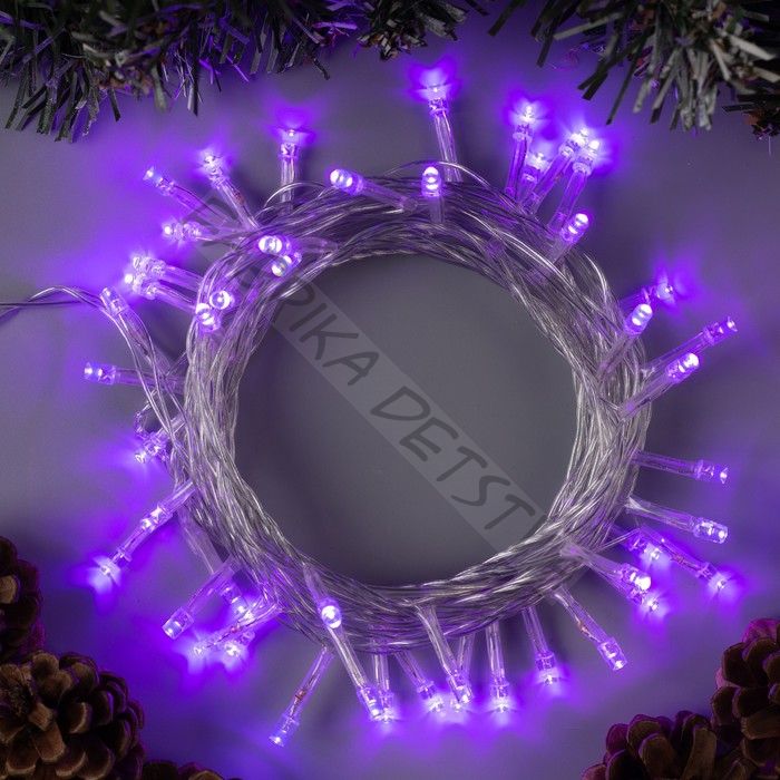 Гирлянда «Нить» 5 м, IP20, прозрачная нить, 50 LED, 8 режимов, 220 В, свечение фиолетовое