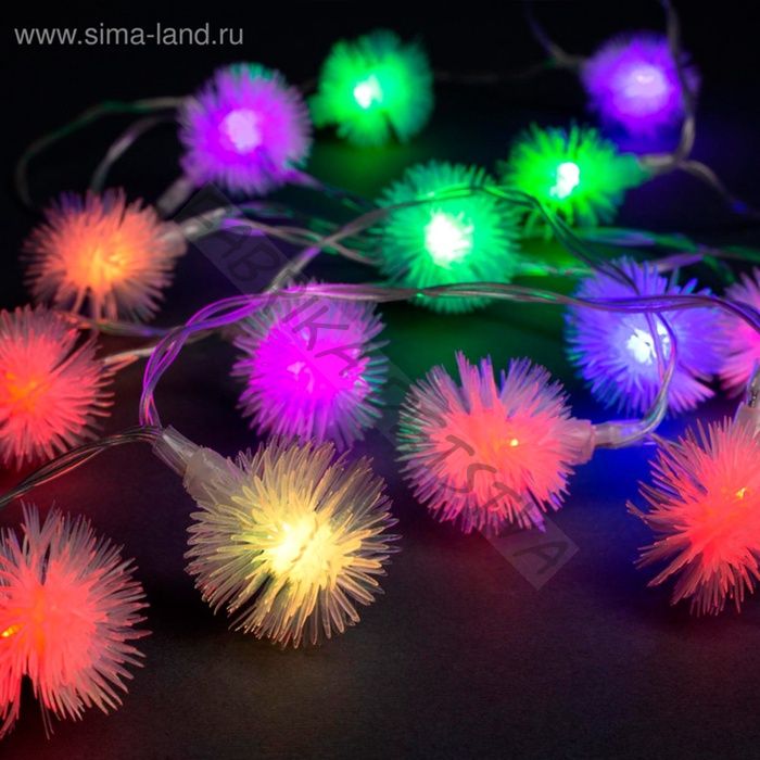 Гирлянда «Нить» 3 м с насадками «Ёжики», IP20, прозрачная нить, 20 LED, свечение мульти (RG/RB), мигание, USB