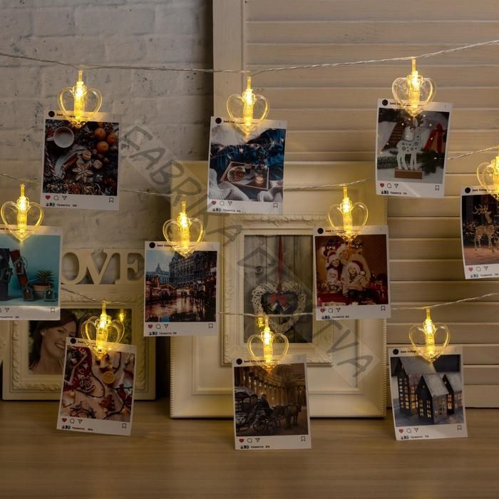 Гирлянда «Нить» 4.5 м с насадками «Прищепки-сердце», IP20, прозрачная нить, 20 LED, свечение тёплое белое, 220 В