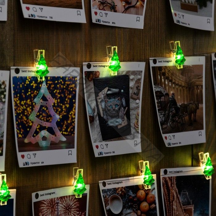 Гирлянда «Нить» 2 м роса с насадками «Прищепки-ёлочки», IP20, серебристая нить, 20 LED, батарейки ААх2 (не в комплекте), свечение тёплое белое