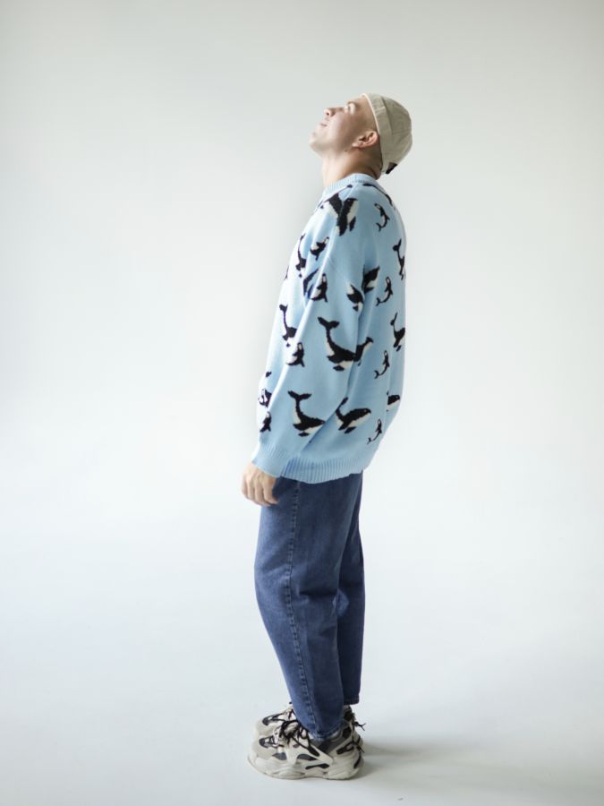 Свитер с китами голубой