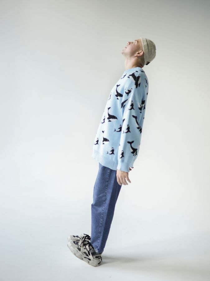 Свитер с китами голубой