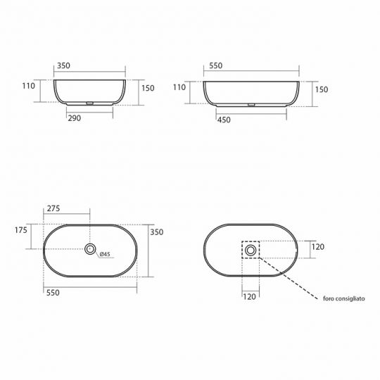Накладная раковина Kerasan Nolita 534601 Овальная 55x35 см схема 2