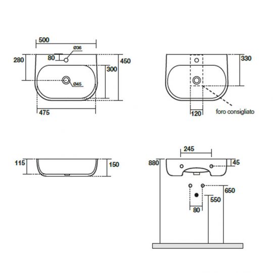 Подвесная раковина Kerasan Nolita 534001*1, закругленная 50x45 см схема 2 Подвесная раковина Kerasan Nolita 534001*1, закругленная 50x45 см схема 2