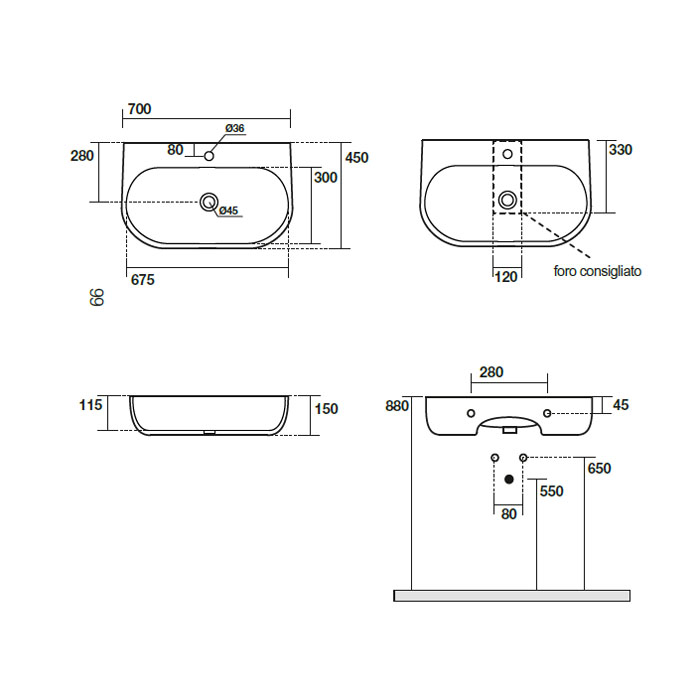 Подвесная раковина Kerasan Nolita 534231*1 , закругленная 70x45 см ФОТО