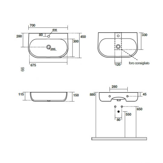 Подвесная раковина Kerasan Nolita 534231*1 , закругленная 70x45 см схема 2 Подвесная раковина Kerasan Nolita 534231*1 , закругленная 70x45 см схема 2