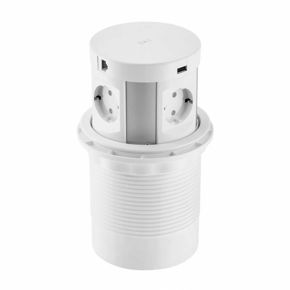 Выдвижной блок розеток, мини колонна MAC (с беспроводной зарядкой, на 4 розетки, 2 USB (A), 2 RJ45 5eUTP)