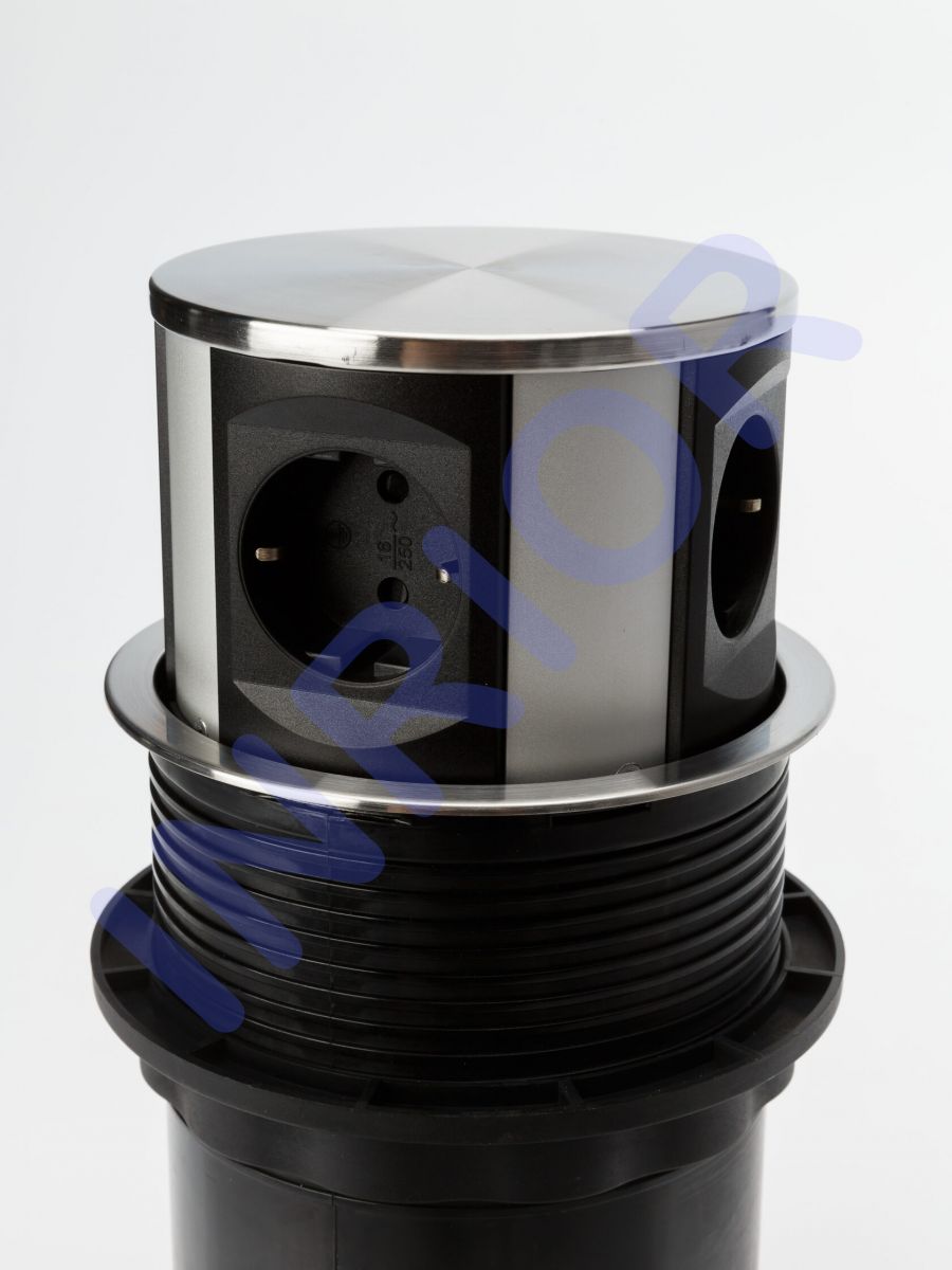 Выдвижной блок розеток, мини колонна MAC (серебристо-чёрный, крышка из нерж. стали, на 4 розетки)