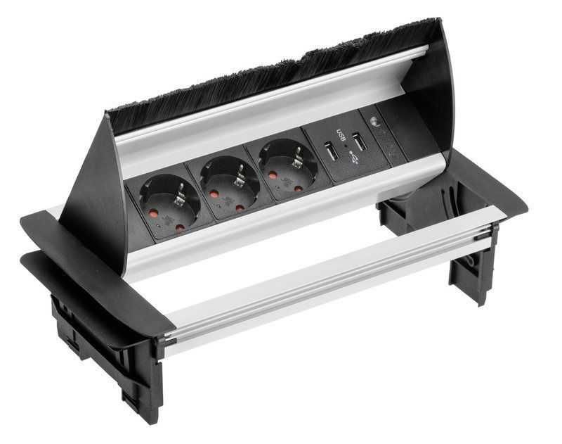 Встраиваемая выдвижная розетка GTV AE-PBC3GS2U-53BKS с пропуском под кабель (на 3 розетки, 2 USB)