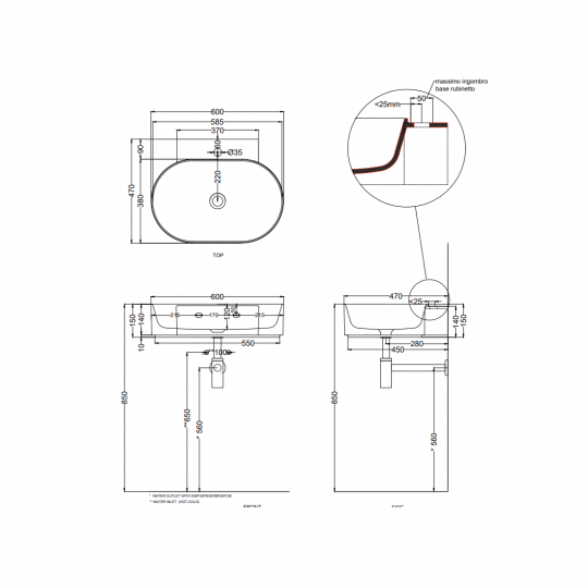 Раковина подвесная Cielo Mare MRLS60/MRLS60SF 60х47х15 см схема 2
