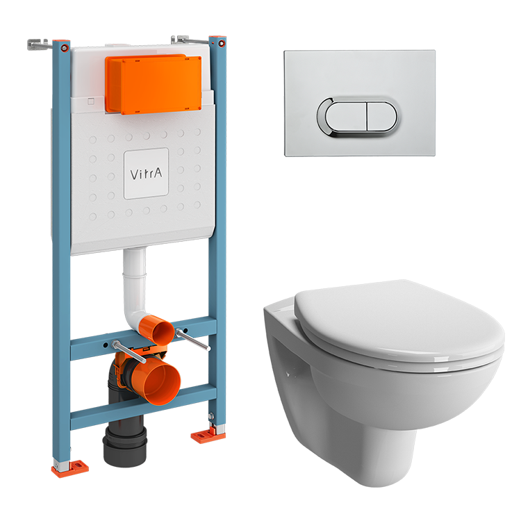 Инсталляция с унитазом VitrA S10 комплект 4в1 безободковый, клвиша глянцевый хром 9842B003-7206