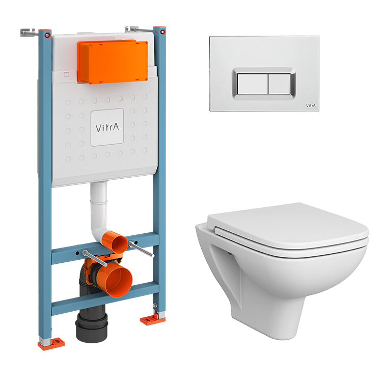 Инсталляция с унитазом VitrA S20 комплект 4в1 безободковый, клвиша глянцевый хром 9004B003-7207