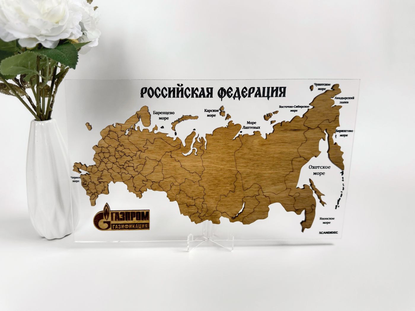 Настольная мини-карта России из дерева, на стеклянной подложке