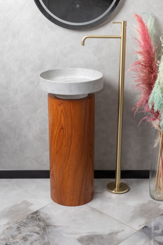 Напольная раковина Sole Corian 40x13 см, белая раковина, деревянный пьедестал ФОТО